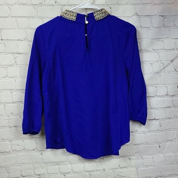 Moa Moa Cobalt Blue Crystal Gold Chain Neck Crepe Blouse Dressy Career Top Suit - Picture 8 of 9